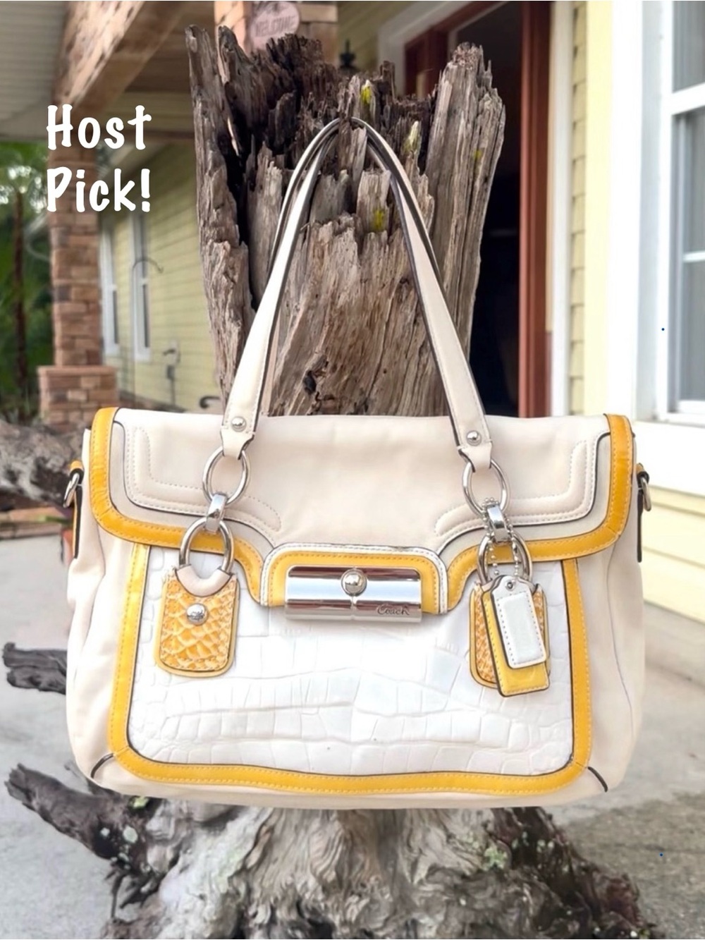 COACH ~ Kristin Spectator Satchel/Crossbody Cream and Yellow w/Silver Hardware